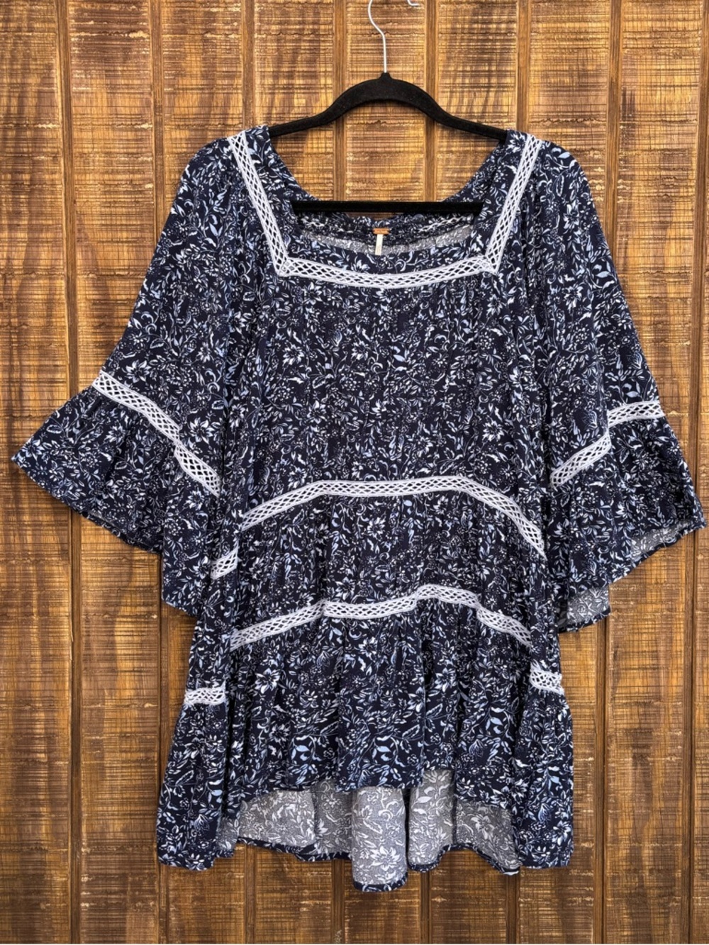Free People Talk About It Navy Blue And White Floral Bohemian Tunic Blouse